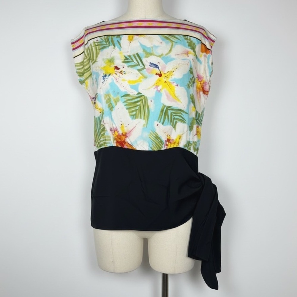 Nicole Miller Studio Silk Blouse Womens Petite P Blue Floral Good Side Tie Cap‎